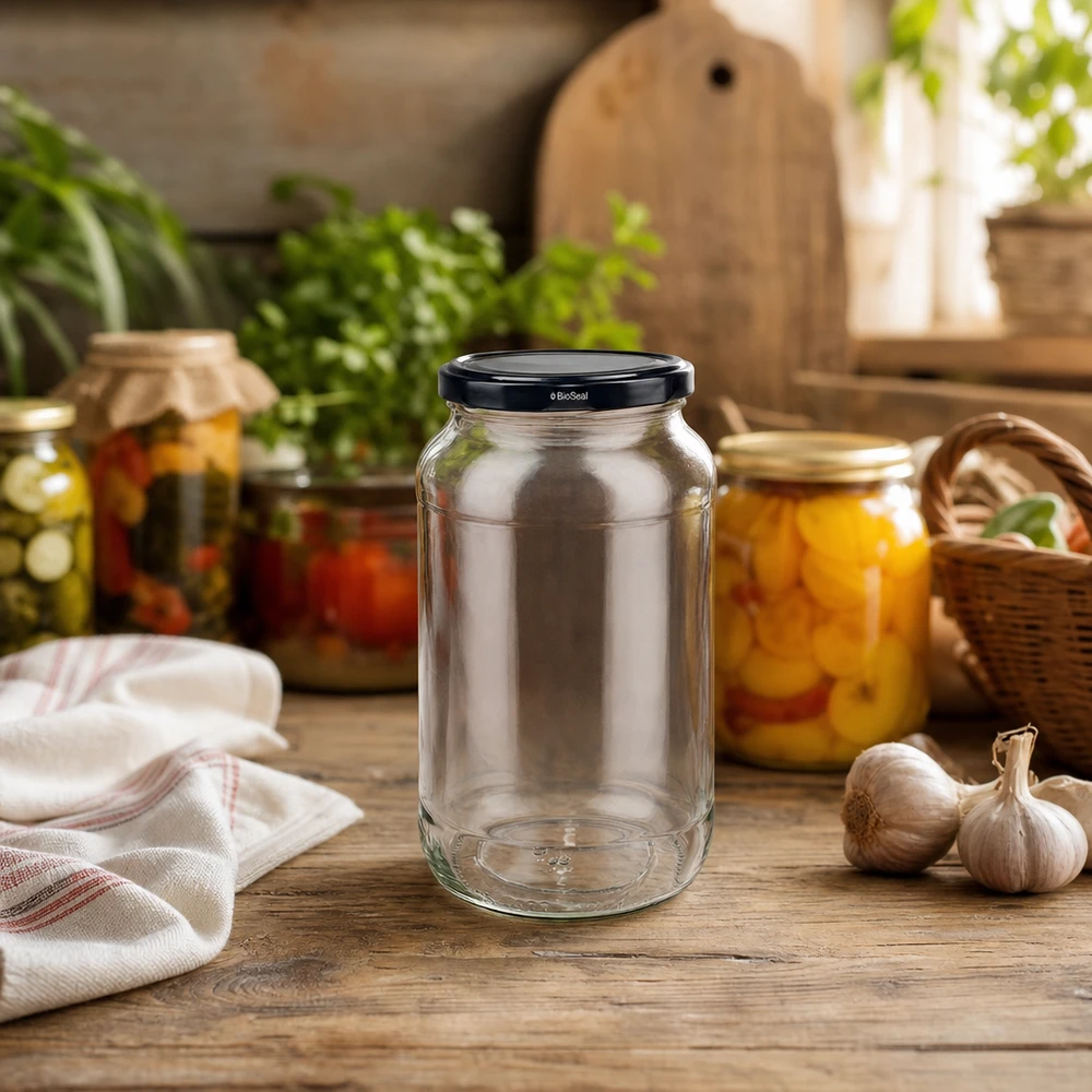 1062ml rond glas met BioSeal deksel zwart UNiTWIST UNiTWIST ronde pot 1062 met TO82 BioSeal deksel in een rustieke keuken met inmaakpotten en kruiden
