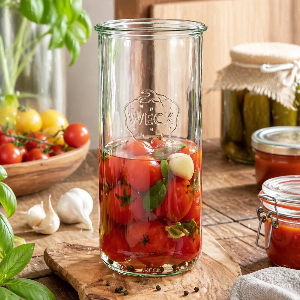 WECK RR100-pot van 1500 ml 1500ml WECK RR100 mason jar met ingemaakte tomaten op een houten plank, omringd door verse tomaten en inmaakpotten