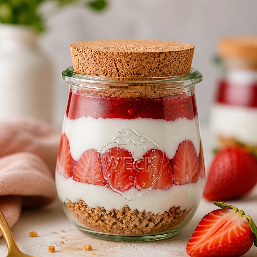 220ml tulpenglas WECK RR60 met kurk WECK Tulpenglas 220ml RR60 mit Korken für Desserts Joghurt und Overnight Oats kreative Küchendeko mit Erdbeeren