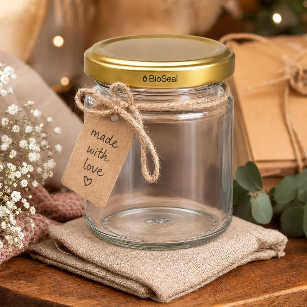 53ml rond glas met BioSeal deksel goud UNiTWIST UNiTWIST Runda53 geschenkpot met gouden TO43 BioSeal deksel en handgeschreven Made with Love label