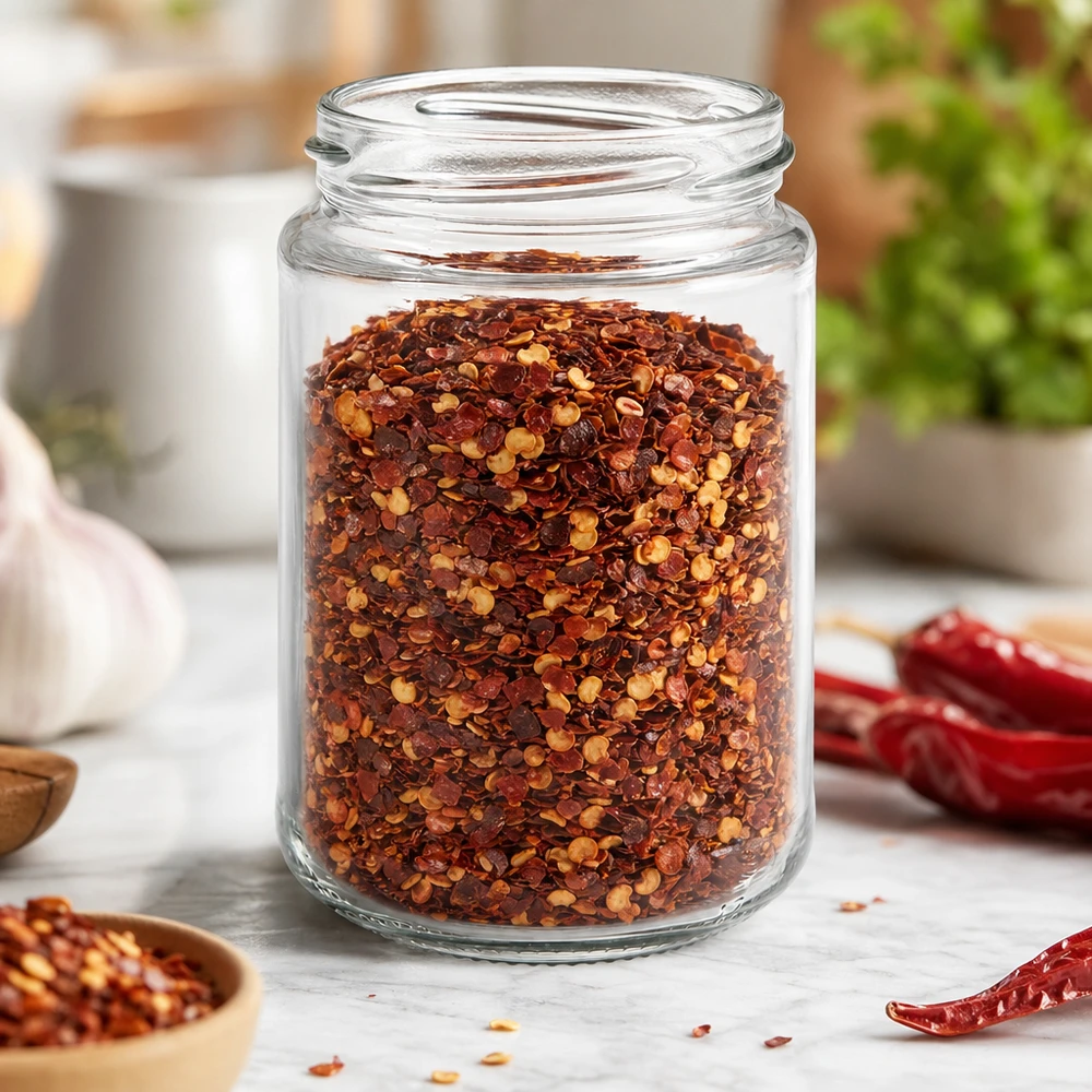 390ml rond glas zonder deksel (TO70) UNiTWIST UNiTWIST Runda390 ronde pot 390ml TO70 gevuld met chilikruidenmix in keuken met chilipepers