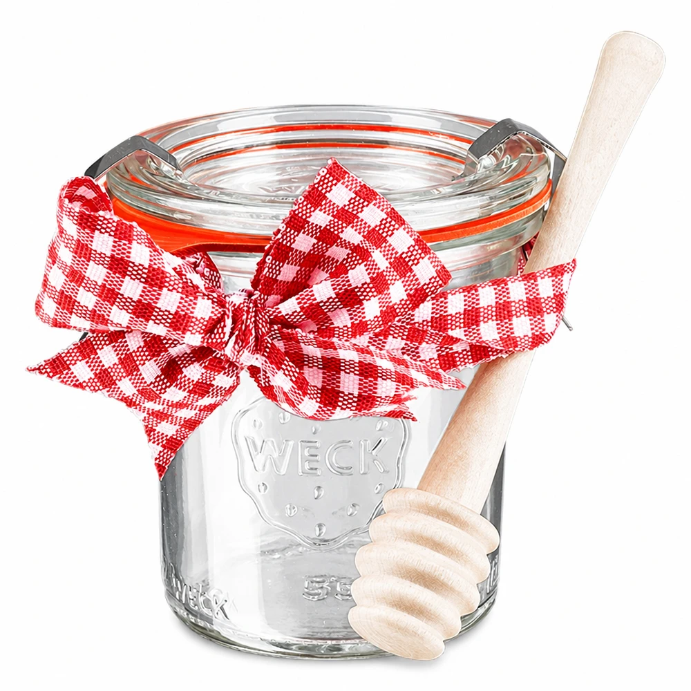 WECK mini inmaakpot 140ml met deksel rode strik en houten honinglepel inmaakpot complete set