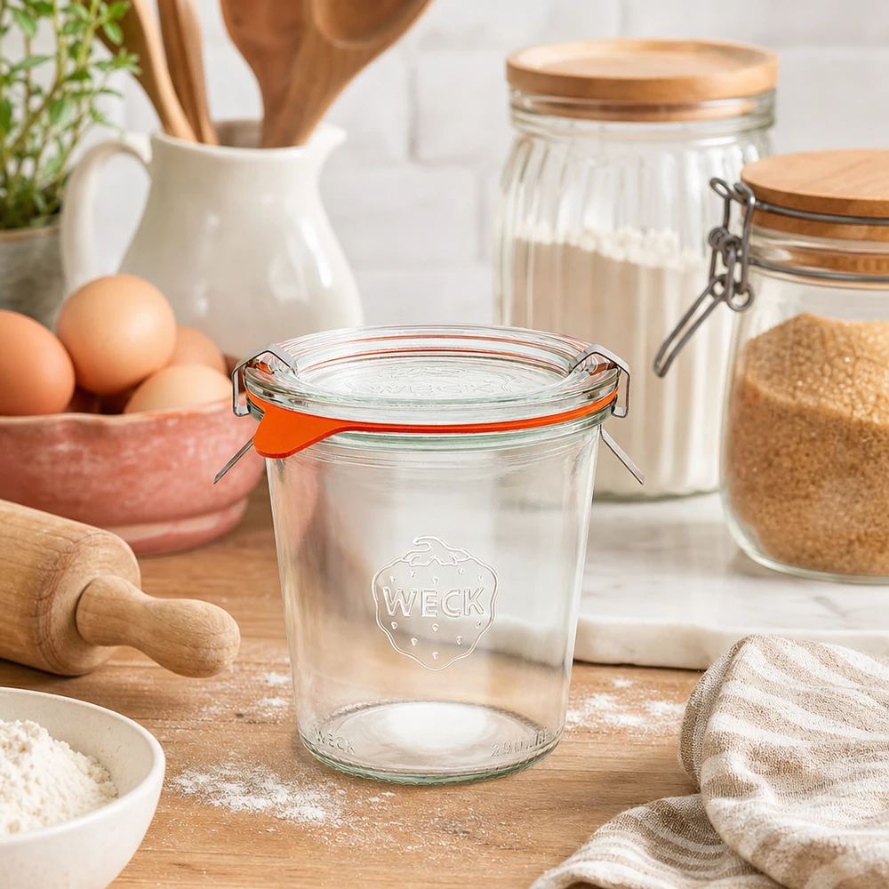 290ml stortglas hoge compleet WECK RR80 WECK bekers 290ml RR80 leeg in natuurlijke keukenomgeving met bakingrediënten bloem eieren en houten keukengerei
