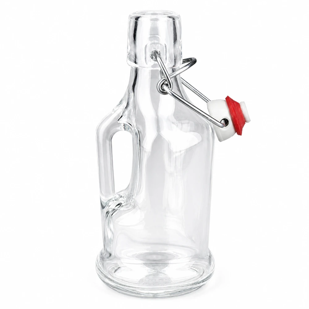 200 ml glazen fles Bertha en porseleinen beugelsluiting UNiTWIST® Glazen fles Bertha 200ml met rode rubberen ring op de scharnierende top en handvat Detail zijaanzicht UNiTW
