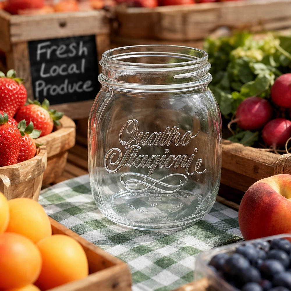 700ml Quattro Stagioni huishoudglas op een geruit tafelkleed omringd door vers fruit en groenten in houten kratten