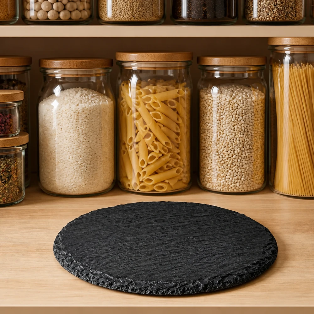 Leisteenplaat rond 150mm op houten plank voor bijkeuken met pasta en kruiden in glazen potten als natuurlijke serveerplank