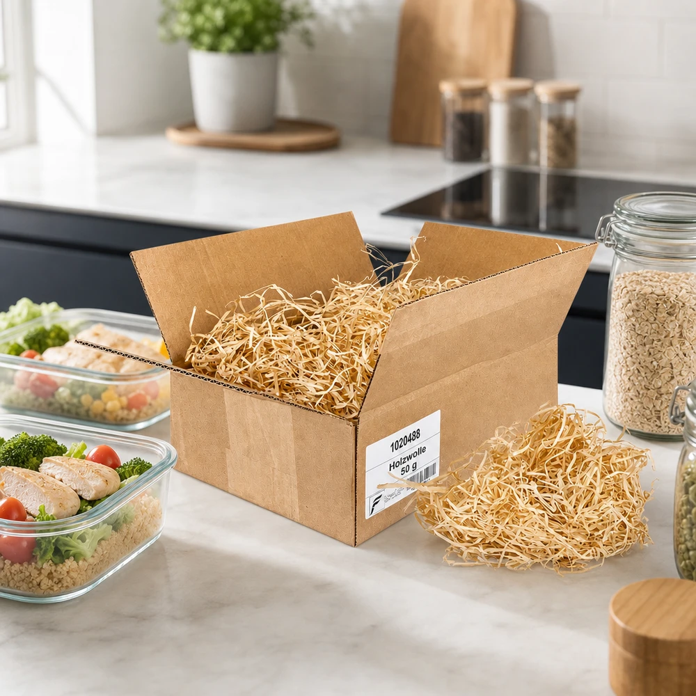 Fijne houtwol 2mm breed 50g als organisch vulmateriaal op keukenblad met Meal Prep dozen