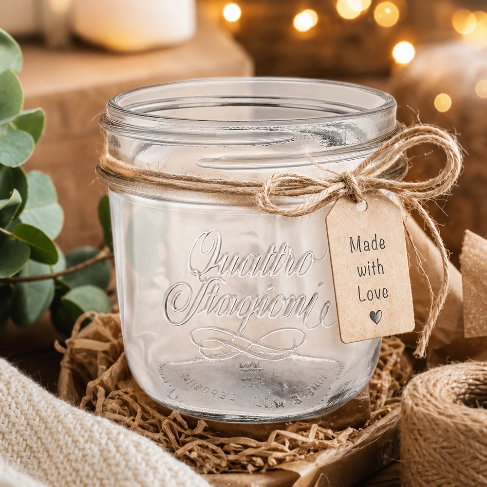 200 ml Quattro Stagioni juwelenpotje met jute lint en Made with Love hanger in rustieke decoratie