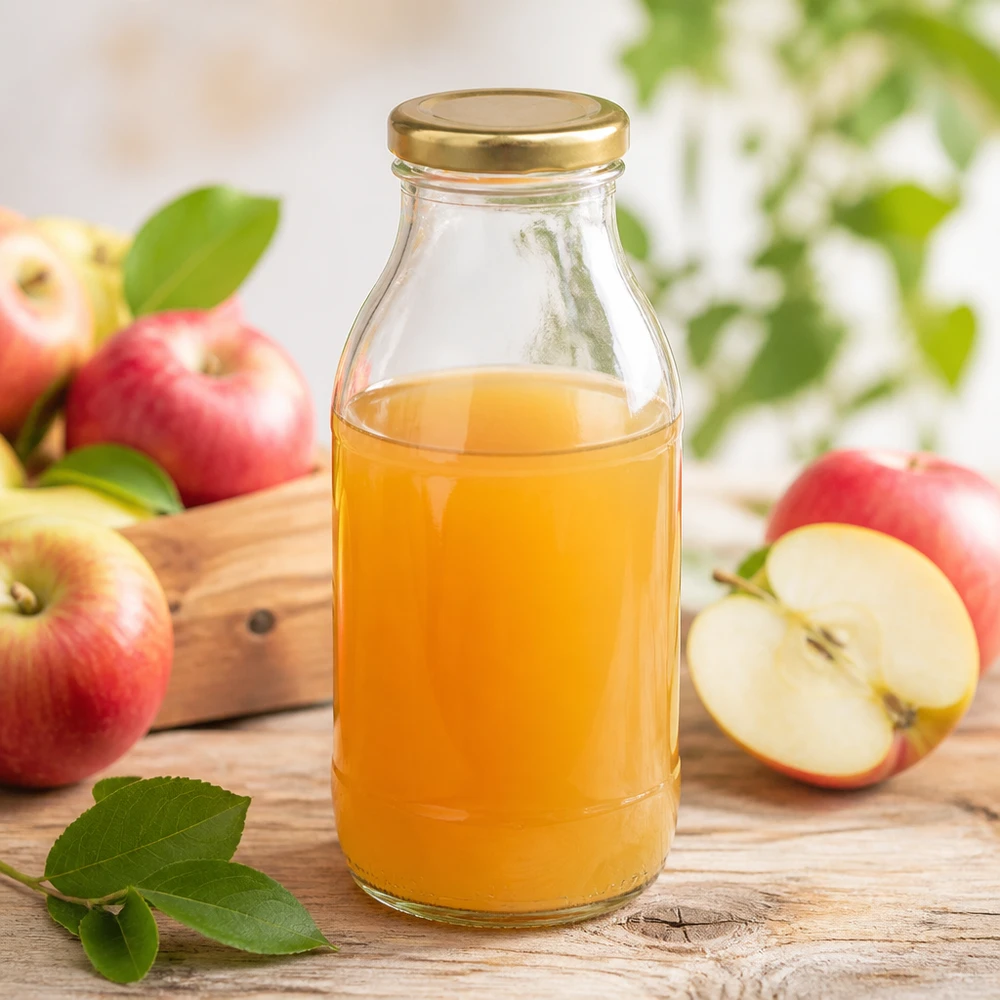 Hersluitbare UNiTWIST-glazen fles van 250 ml met een gouden BasicSeal-deksel en appelsap