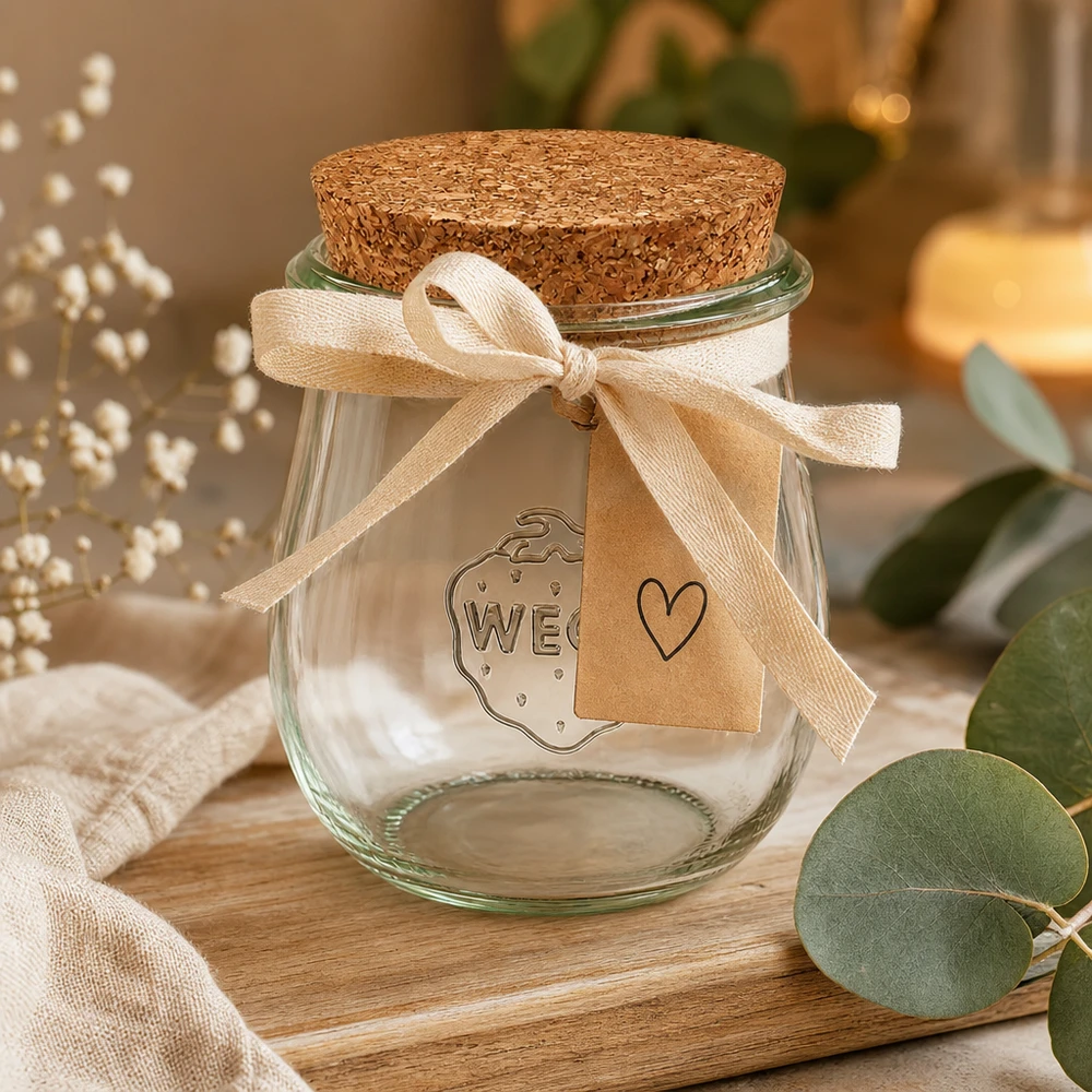 WECK tulpenpot 220ml RR60 decoratief verpakt met strik en cadeaulabel als cadeau op een houten tafel