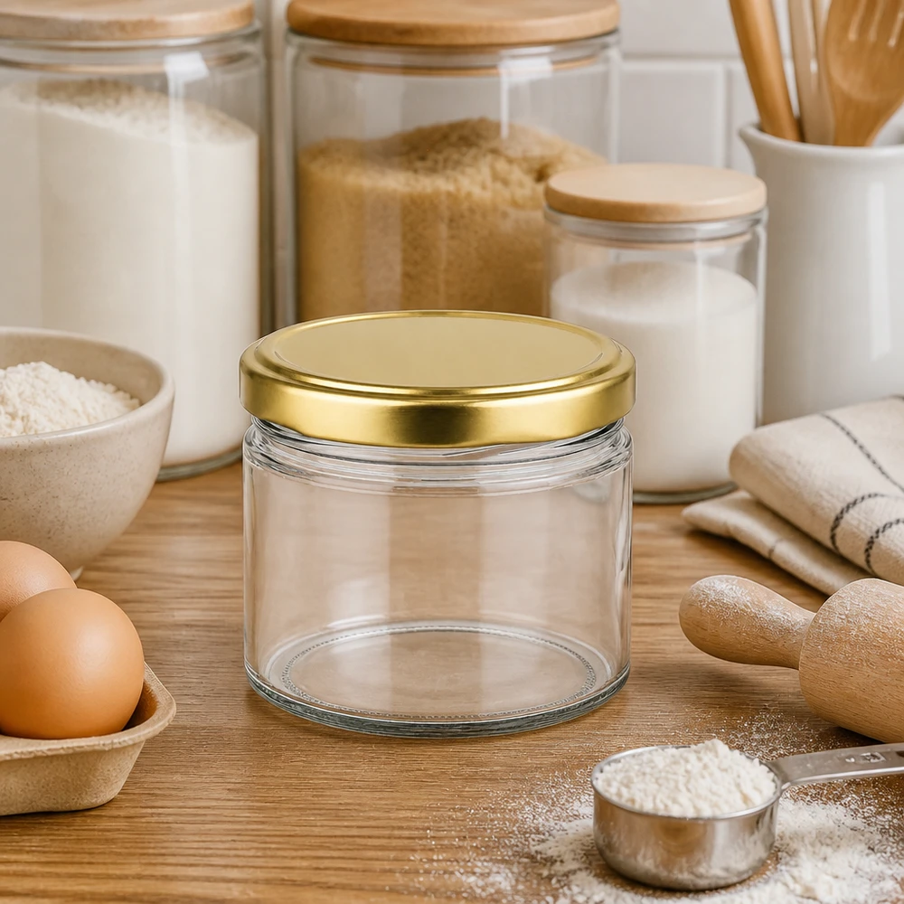 540ml rond glas met BasicSeal deksel goud UNiTWIST Ronde pot van 540 ml met gouden BasicSeal deksel in een moderne keuken tussen voorraadpotten en bakingrediënten