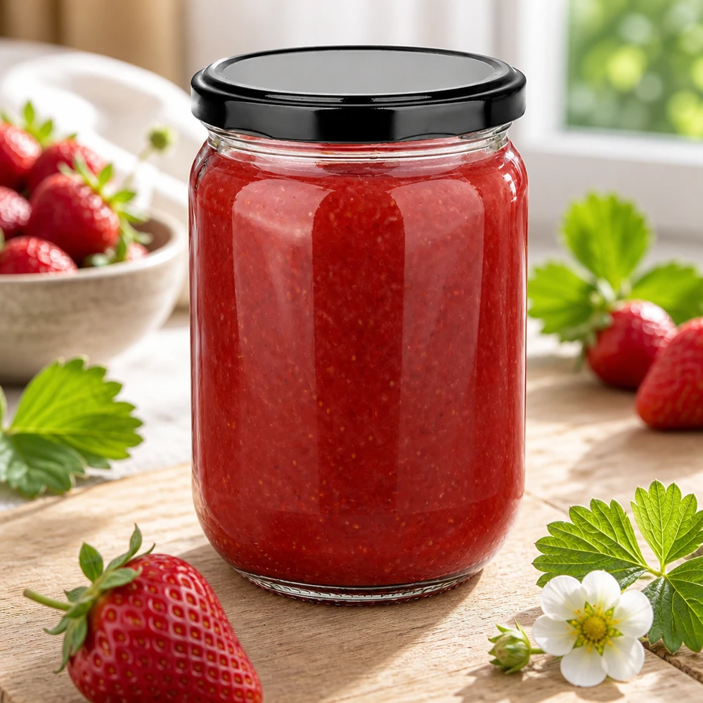 Doorzichtige voorraadpot van 555 ml met zwarte schroefdop, gevuld met aardbeienpuree – close-up
