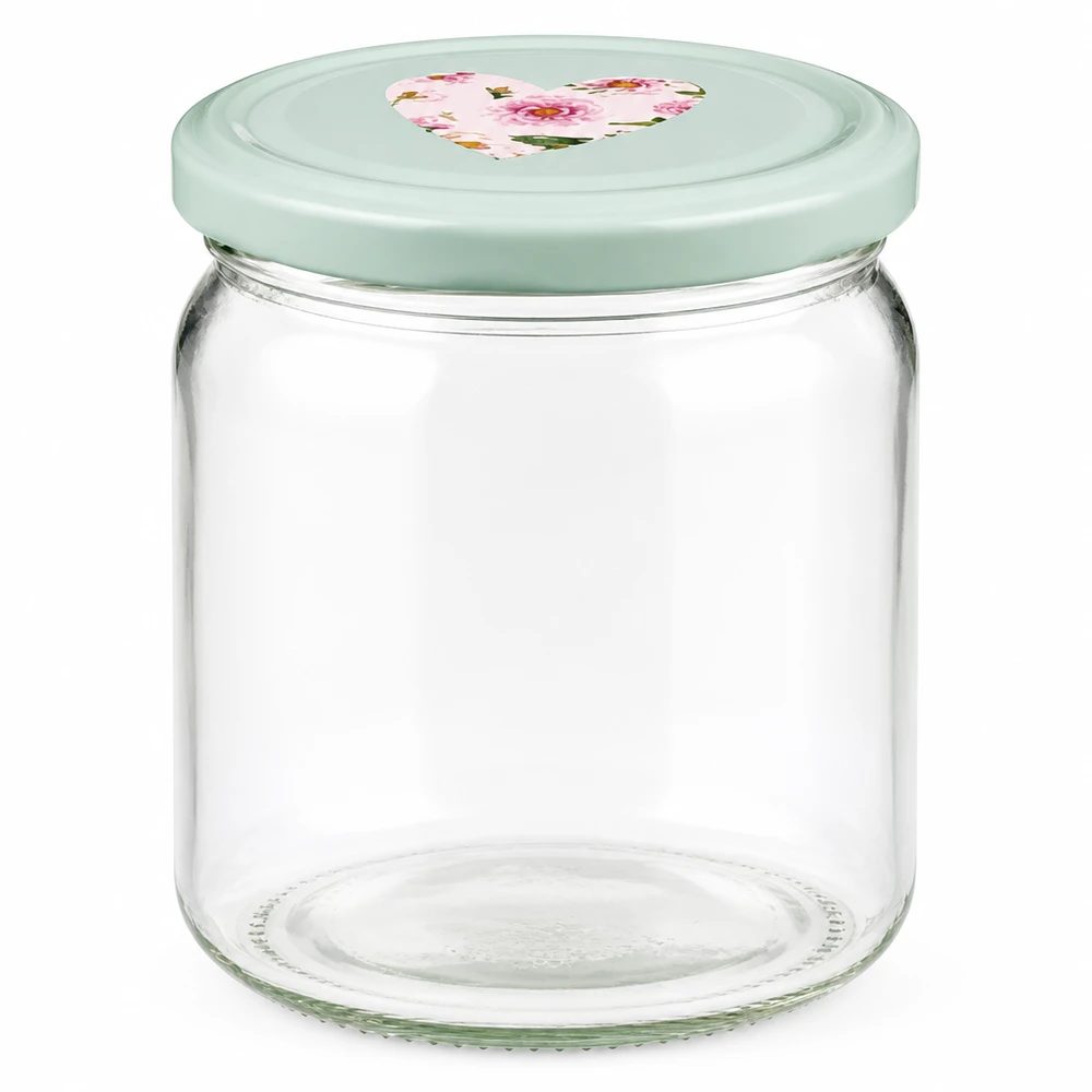 Ronde pot van 408 ml + deksel BasicSeal mint hart UNiTWIST 408 ml ronde pot met BasicSeal deksel in mint met hartjesmotief, lege inmaakpot voor jam en conserven