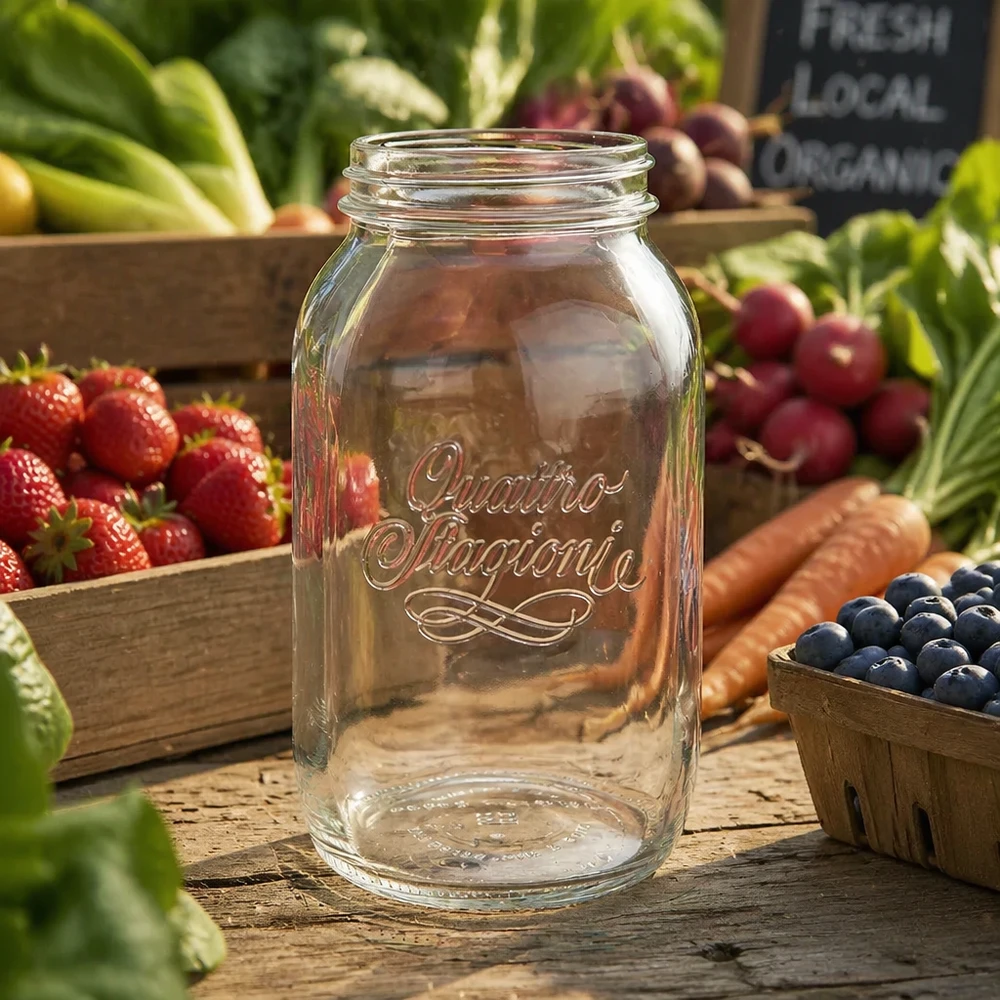 1500ml Quattro Stagioni huishoudpot inmaakpot op houten tafel met vers fruit en groenten op de achtergrond