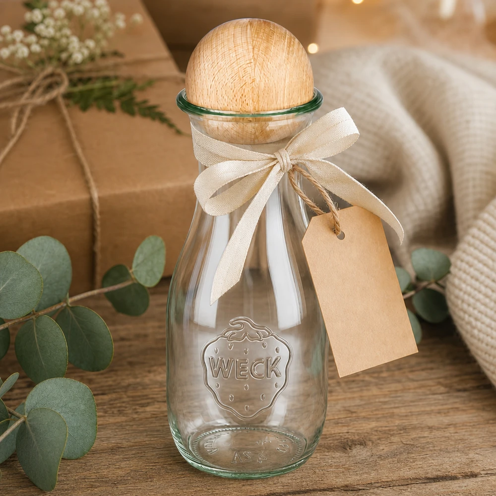 530ml sapflessen WECK RR60 met houten bal WECK sapfles 530ml geschenkverpakking met strik en label naast eucalyptus en decoratie