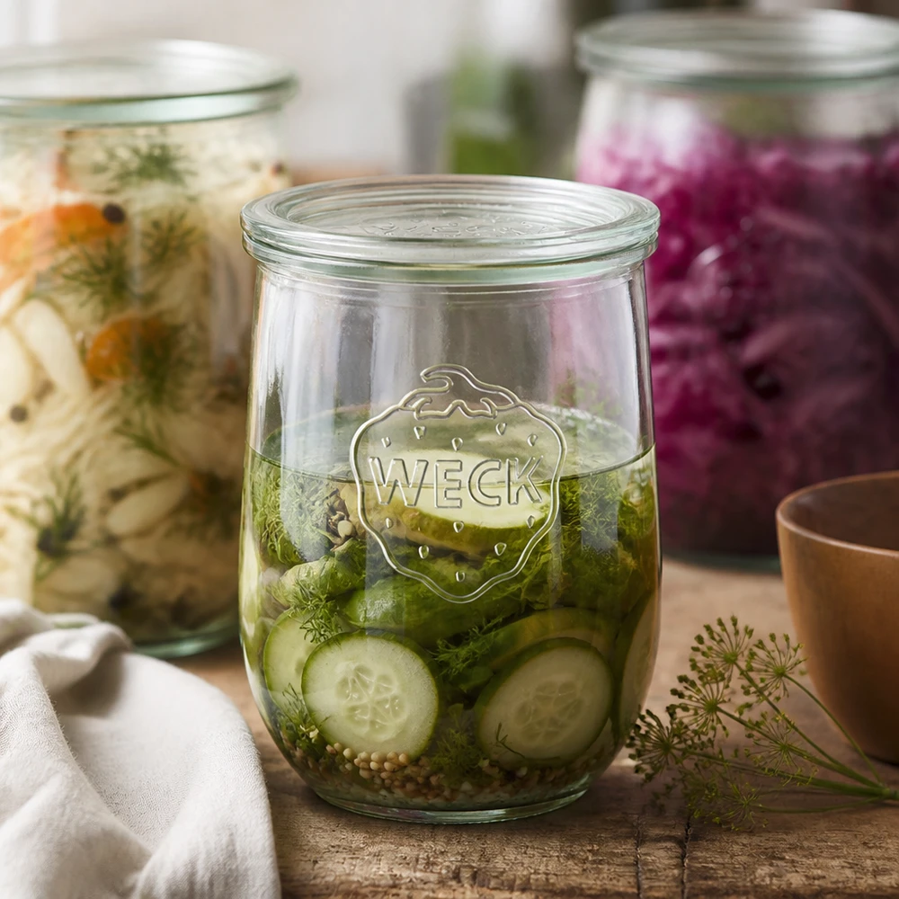 1062ml tulpenglas met glazen deksel WECK RR100 WECK tulp pot 1062ml ingemaakte komkommers dille kruiden gefermenteerde groenten RR100 pot deksel conservering