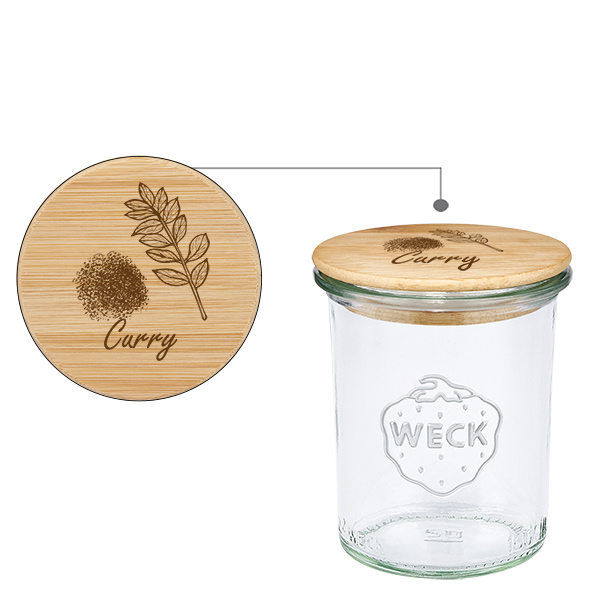 Houten dekselset "Curry" met WECK steelpannen 160ml Houten dekselset "Curry" met WECK steelpannen 160ml