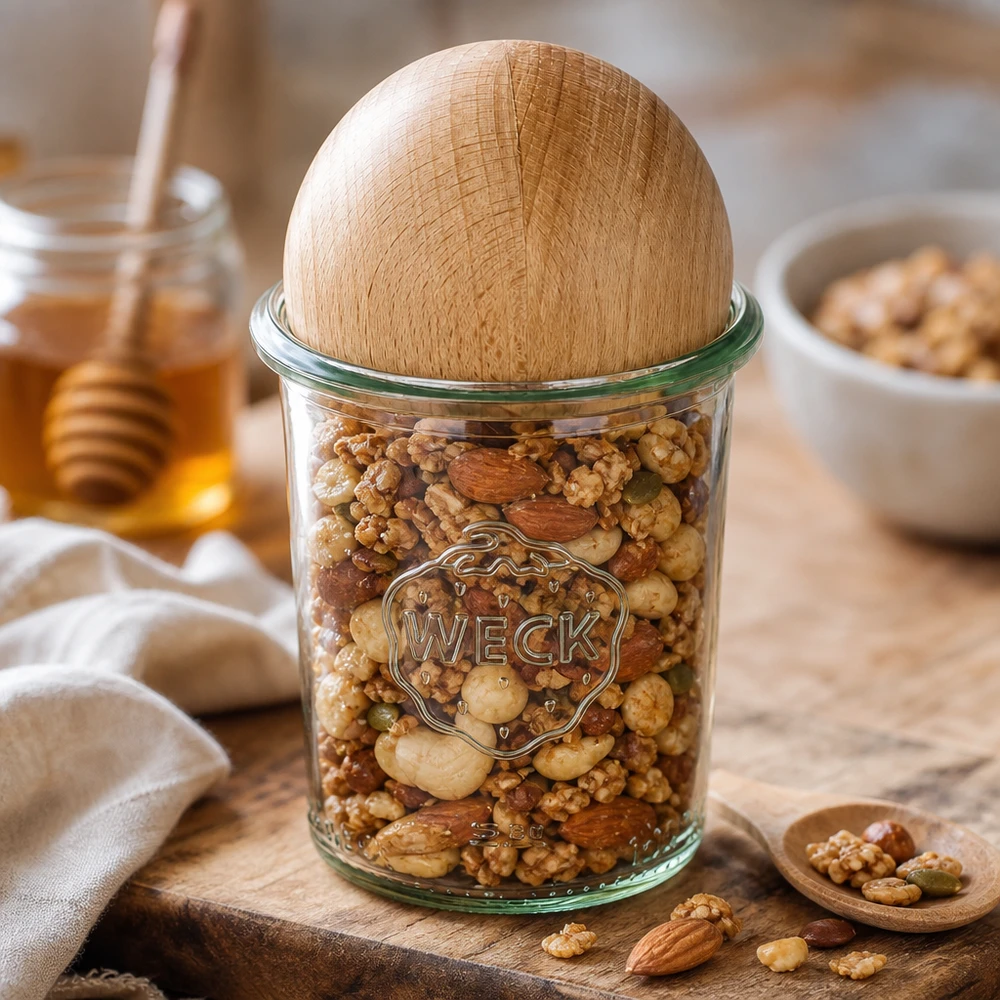 160ml stortglas WECK RR60 met houten bal WECK RR60 160 ml bekers met beukenhouten bol gevuld met noten, decoratief gerangschikt op een houten plank met honing