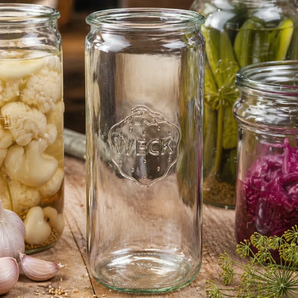 WECK cilinderpot 1040ml RR80 leeg tussen kleurrijke inmaakpotten met groenten en kruiden om in te maken