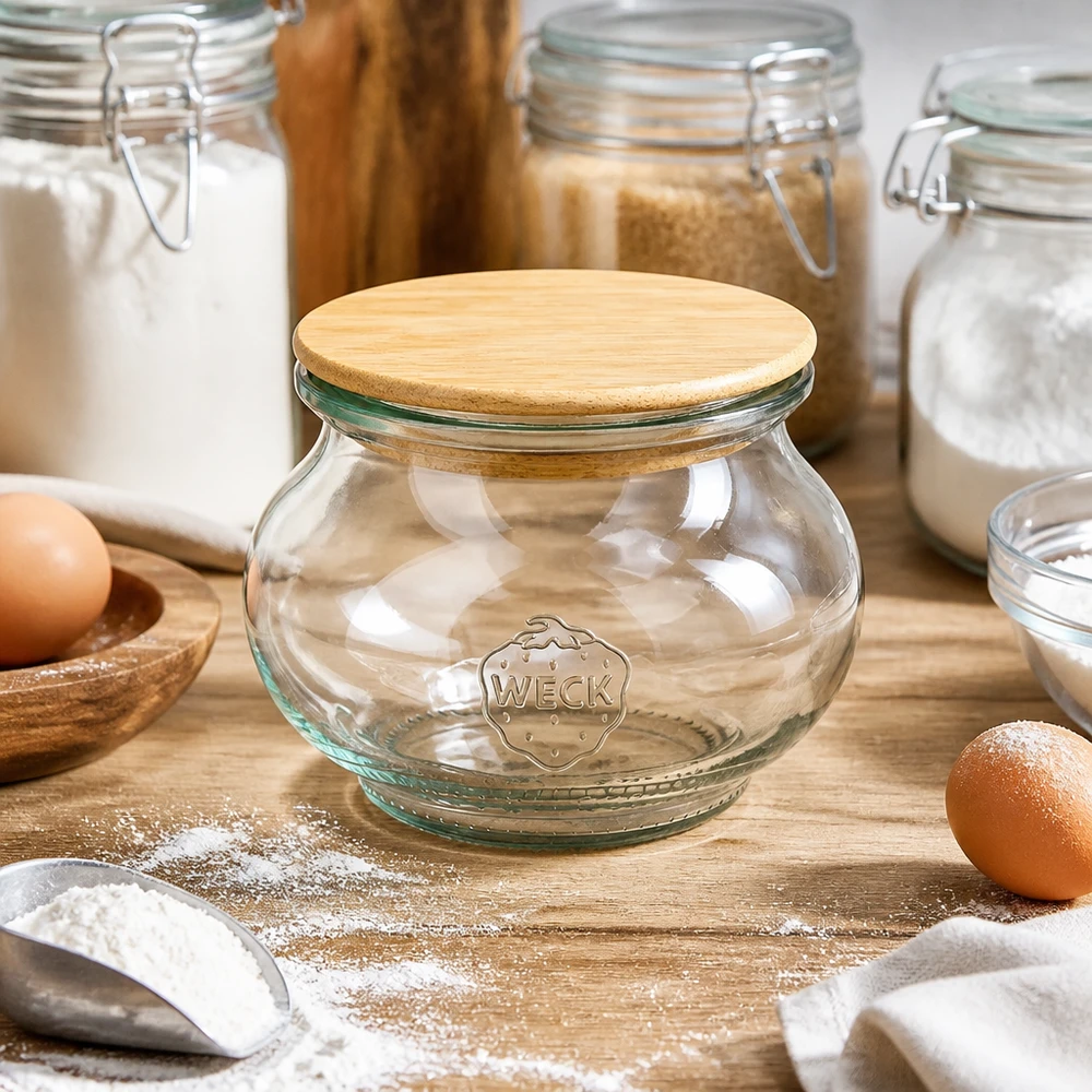 WECK decoratieve pot 220ml RR60 leeg met bamboe deksel in rustieke keuken scène met eieren en bloem om te bakken