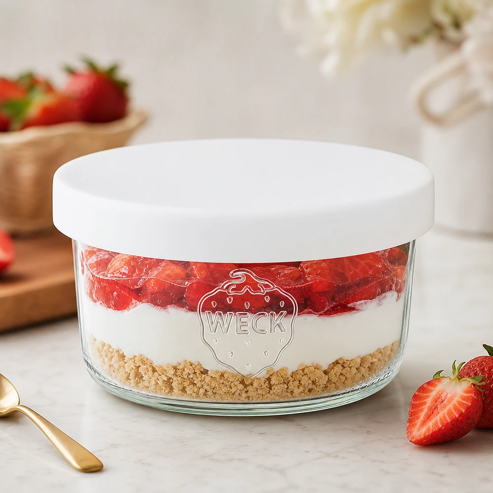 WECK pot 165ml RR80 met wit siliconen deksel gevuld als aardbeien dessert in gelaagde look met gouden lepel