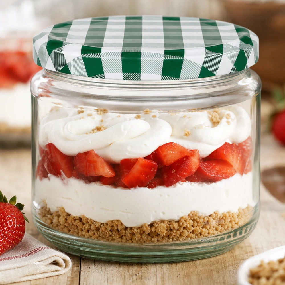 330ml rond glas met BasicSeal deksel groen/wit UNiTWIST 330ml ronde pot als dessertpot met aardbeien en room gelaagd dessert, groen en wit BasicSeal deksel, parfait in een pot