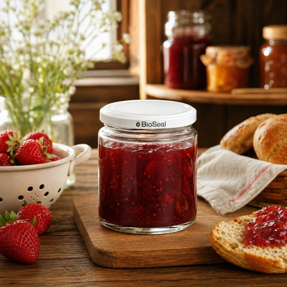 Honingpot 350 g met witte BioSeal UNiTWIST-deksel 250 ml honingpot met BioSeal deksel gevuld met aardbeienjam op een houten plank naast verse aardbeien en brood