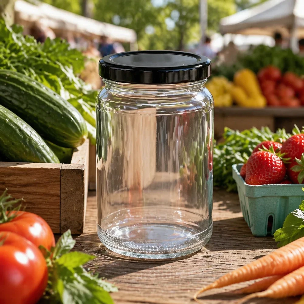 110ml rond glas met BasicSeal deksel zwart UNiTWIST UNiTWIST rond potje 110ml met zwart TO48 deksel op marktkraam tussen vers fruit en groenten