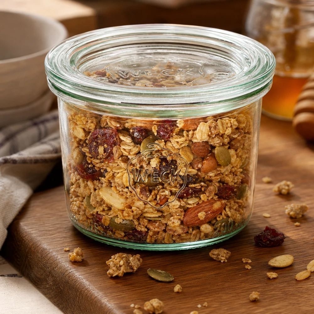 200ml stortglas met glazen deksel WECK RR80 WECK 200ml RR80 mason jar gevuld met muesli en noten op een houten plank toont praktische voedselopslag