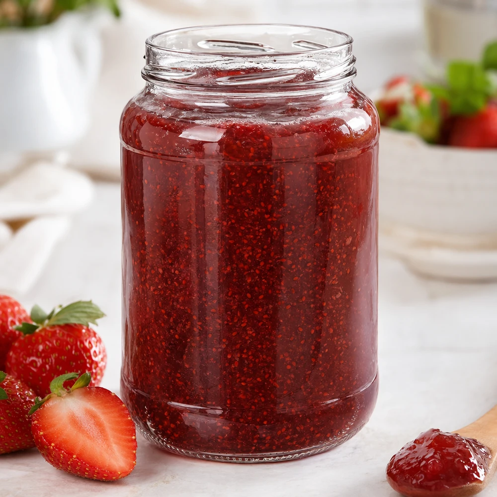 UNiTWIST Runda1700 bekers 1700ml TO100 met zelfgemaakte aardbeienjam verse aardbeien ontbijttafel wit