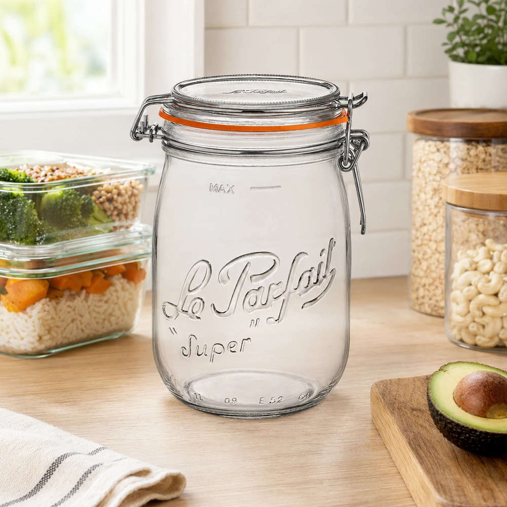 Le Parfait® pot 1 L Ø85 mm voorraad 1000ml Le Parfait Super voorraadpot met draaidop in moderne keukens naast avocado en andere voorraadpotten