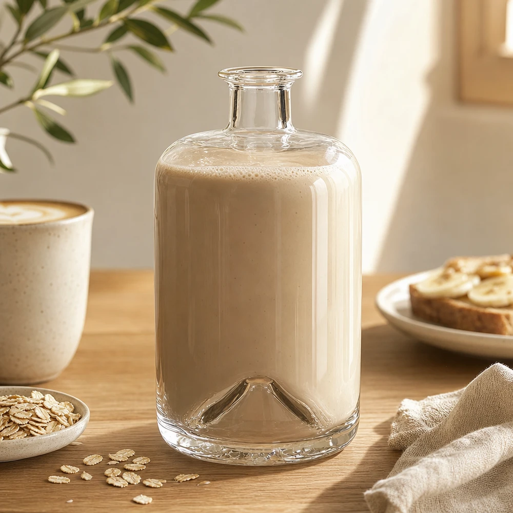 700 ml apothekersfles Sofia zonder sluiting UNiTWIST® 700ml Sofia glazen fles gevuld met havermelk op houten tafel naast havermout en koffiekopje Lifestyle shot