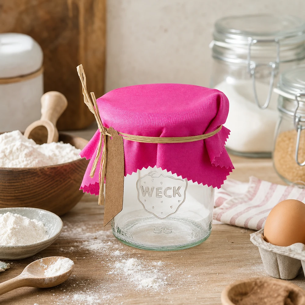 Roze stoffen decoratieve doily 12cm vierkant op Weck pot keukenstyling met bloem eieren en bakingrediënten sfeer