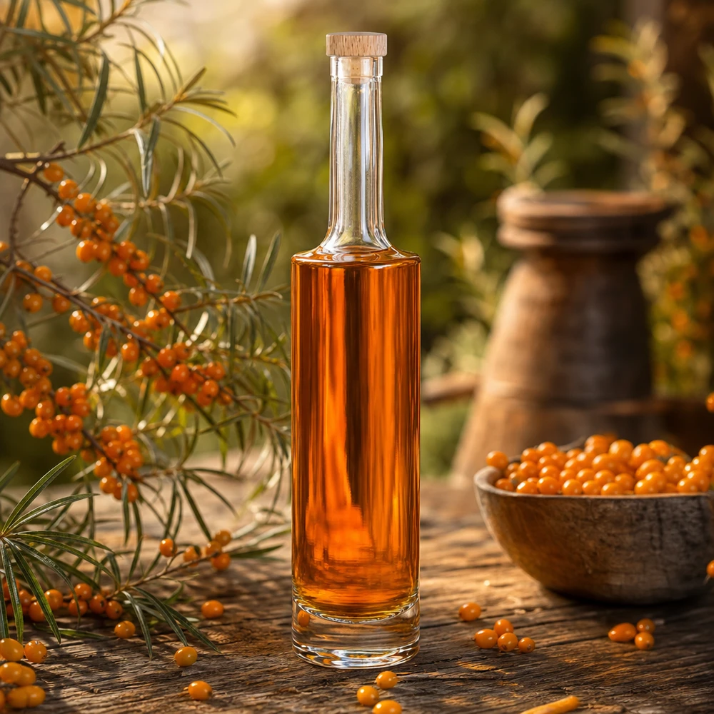 500 ml glazen fles Rosa met houten handgreepkurk UNiTWIST® 500ml Glasflasche Rosa mit Sanddornlikör gefüllt zwischen Sanddornzweigen und Schale mit orangen Beeren rustikal