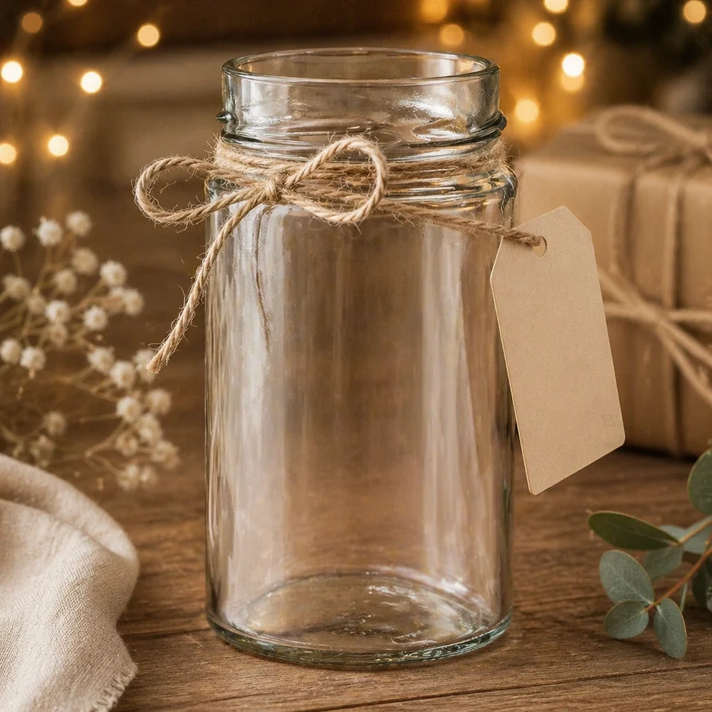 245ml rond glas zonder deksel (TO58deep) UNiTWIST UNiTWIST Runda245 ronde pot 245ml TO58deep inmaakpot met jute koord en etiket op houten tafel rustieke decoratie