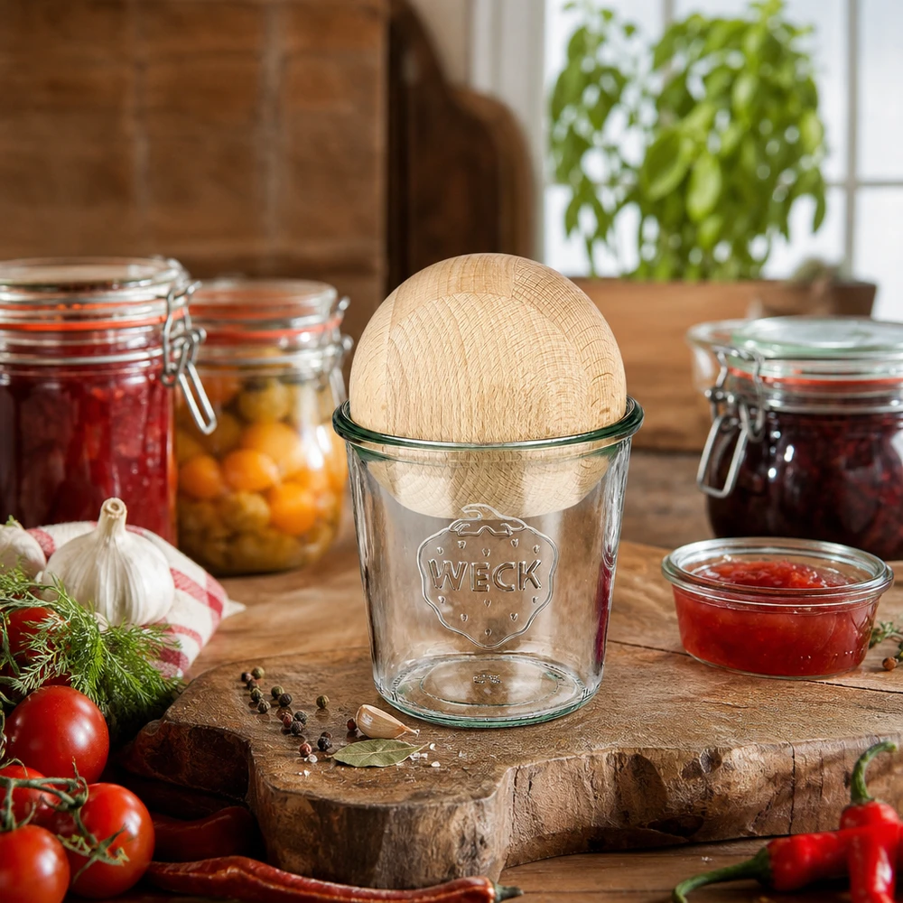 580ml stortglas WECK RR100 met houten bal WECK pot 580ml RR100 met beukenhouten bol in een rustieke keuken tussen inmaakpotten en verse ingrediënten