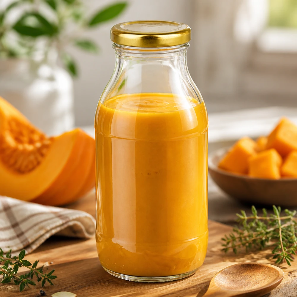Glazen fles van 250 ml + BasicSeal-deksel goud UNiTWIST Glazen voorraadfles van 250 ml met UNiTWIST BasicSeal-deksel in goudkleur, gevuld met romige pompoenpuree