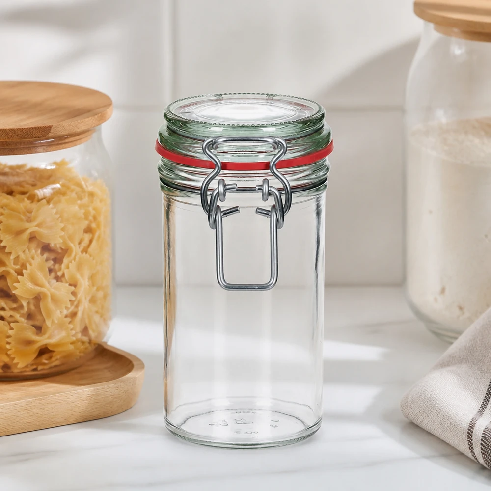 Voorraadpot van 272 ml met draaidop en rode verzegeling in een moderne keuken naast pasta- en witte potten