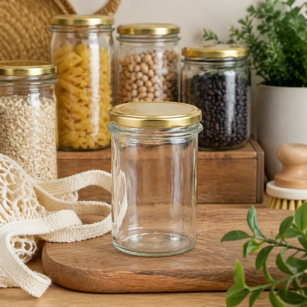 230ml bekers met BasicSeal deksel goud UNiTWIST 230ml bekers leeg BasicSeal deksel goud UNiTWIST in Zero Waste keuken met voorraadpotten en planten