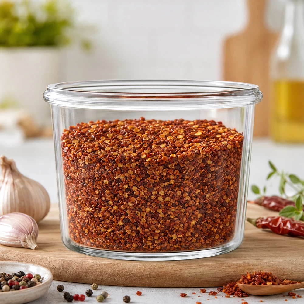 WECK RR40-pot van 35 ml WECK glazen pot 35ml RR40 gevuld met chilikruidenmix in moderne keuken op houten plank