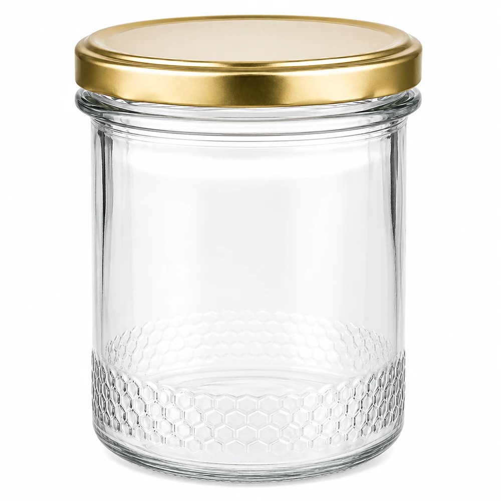 Honingpot 560 g met gouden BasicSeal UNiTWIST-deksel 400ml honingpot leeg met gouden BasicSeal UNiTWIST deksel en honingraatpatroon op de bodem