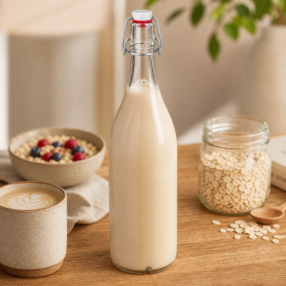 Glazen fles van 1000 ml + porseleinen slingerdop UN... 1000ml glazen fles met draaidop gevuld met havermelk naast havermout en ontbijtschaal op houten tafel