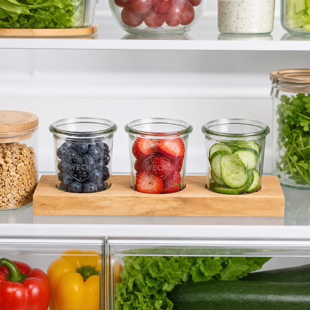 Serveerplank Plano3 met 3 Weck-glazen van 140 ml Dienblad Plano3 met WECK potjes 140ml in de koelkast gevuld met bosbessen aardbeien en komkommer