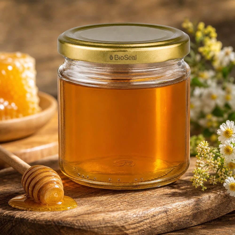 212ml rond glas met BioSeal deksel goud UNiTWIST UNiTWIST ronde pot 212ml met gouden TO66 BioSeal deksel gevuld met honing naast raathoning en bloemen