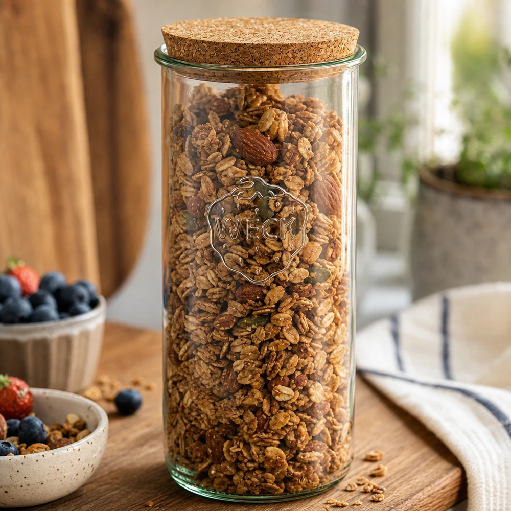 1500ml stortglas WECK RR100 met kurk WECK bekers 1500ml gevuld met muesli noten kurk deksel keuken tafereel houten tafel ontbijt opslag