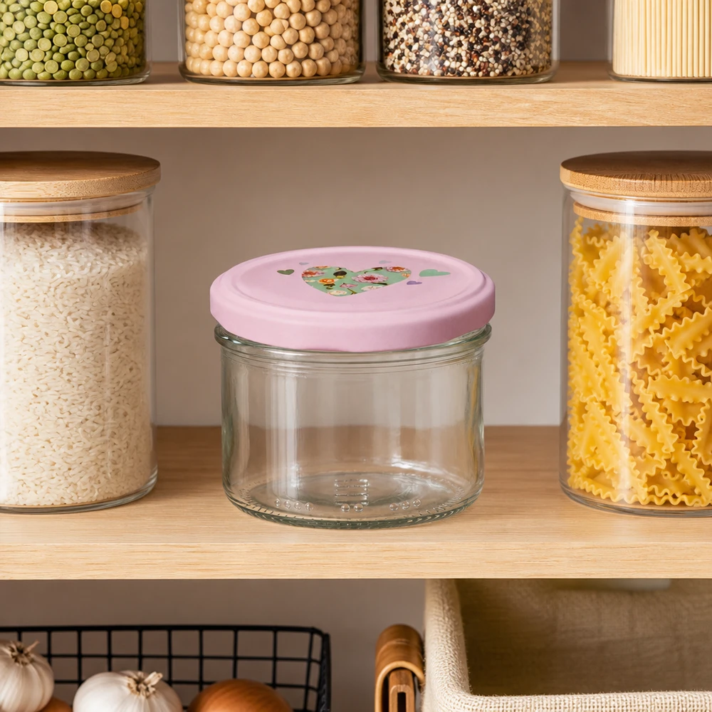 Cilindervormige pot 230 ml + BasicSeal-deksel roze hart 230 ml cilindervormige pot met roze hartvormig deksel in een georganiseerde voorraadkast tussen pasta en rijst, ideaal voor het organiseren van de keuken.