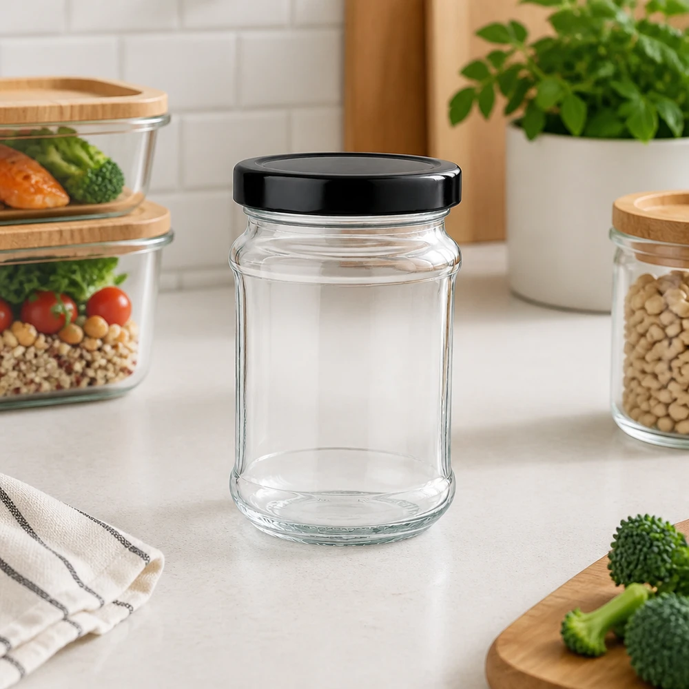 390ml rond glas met BasicSeal deksel zwart UNiTWIST 390 ml ronde pot met zwart BasicSeal deksel leeg op aanrecht tussen voorraadpotten met groenten en peulvruchten