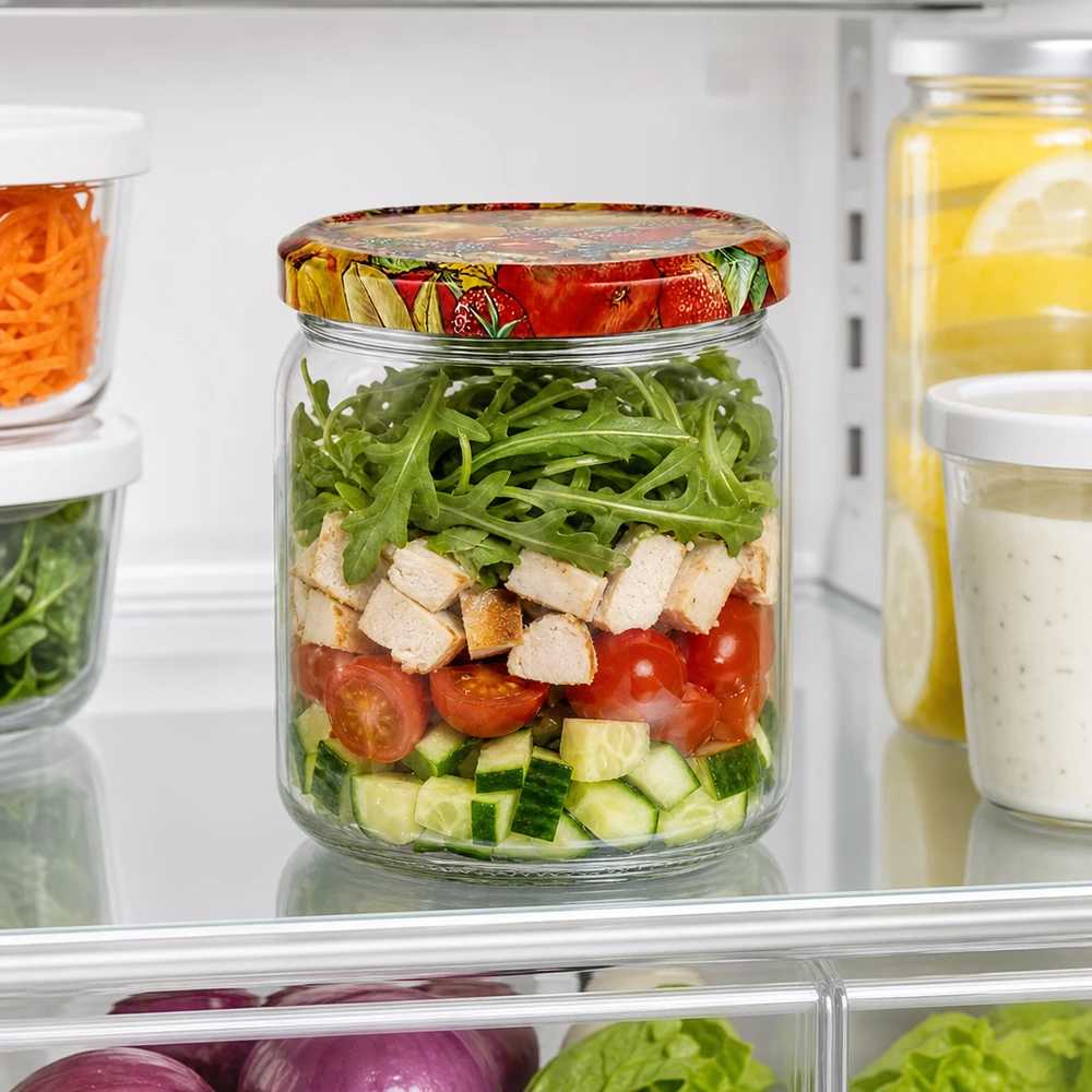 408ml rond glas met BasicSeal deksel Fruit decor UNiTWIST 408 ml rond potje als saladebakje in de koelkast met BasicSeal deksel Fruit decor voor maaltijdvoorbereiding en opslag