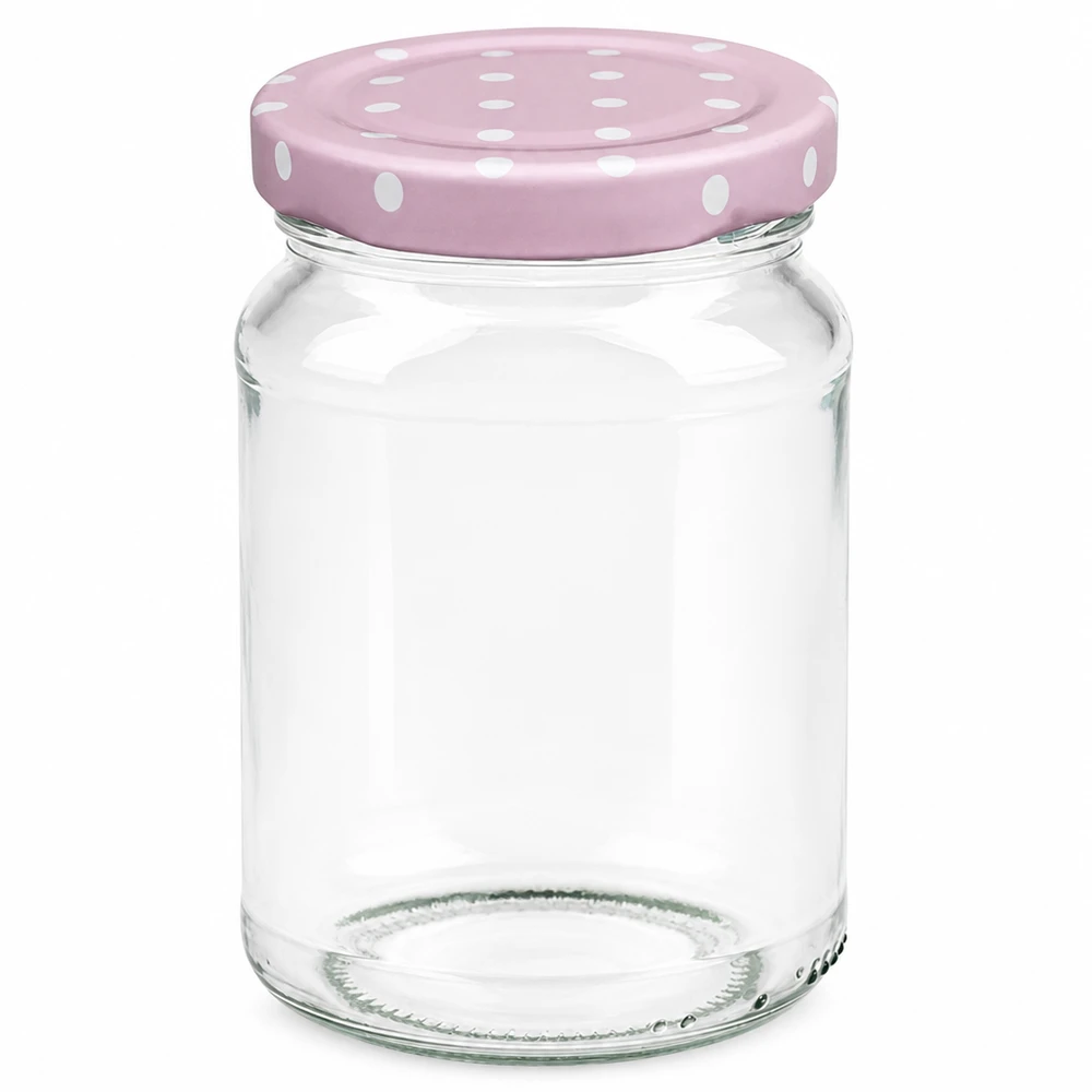 Ronde pot van 205 ml + roze BasicSeal-deksel met stippen UNiTWIST Ronde inmaakpot 205 ml met roze BasicSeal deksel in stippendessin voor jam en conserven