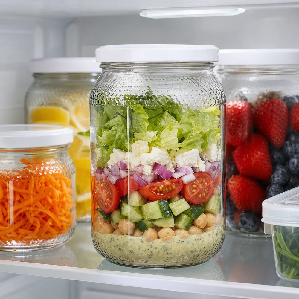 Honingpot 1260 g met witte BasicSeal UNiTWIST-deksel Honingpot 900ml als maaltijd prep salade pot in de koelkast gevuld met gelaagde salade BasicSeal deksel UNiTWIST